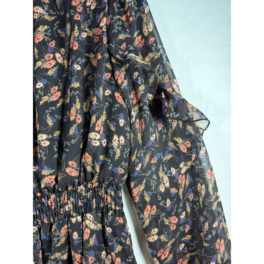 Dress Forum Floral Midi Dress Black Pink Blue Smocked Waist Ruffle sz S wedding‎